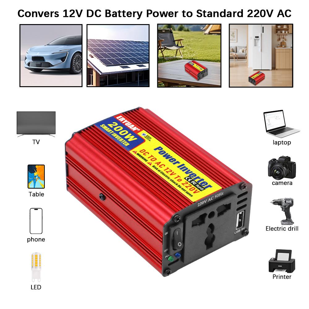 Car power inverter DC/AC converter universal AC socket with USB charger port 200W cigarette lighter plug/clip adapter DC 12V to AC 220V
