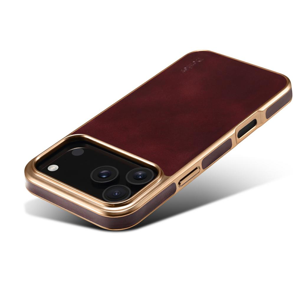 DENIOR A01 For iPhone 17 Pro Max Case Waxy Texture Genuine Cow Leather Electroplating Back Cover