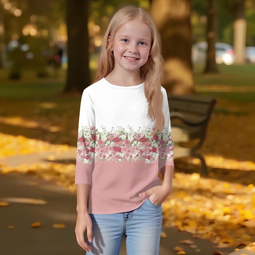 Kinder-T-Shirt mit 3/4-Ärmeln, bedrucktem O-Ausschnitt und Freizeitmotiv für jeden Tag