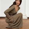 Women's Knitted Dress Elegant V Neck Thick  A-line Dress Brown Long Sleeve Vintage Midi Casual Dresses for Women