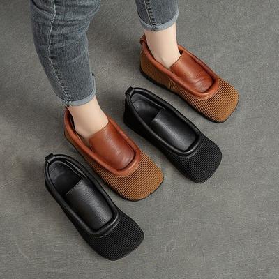 Bailarinas Retro de Punta Redonda Ligeras y Versátiles Empalme de Cuero Genuino Zapatos Slip-on para Mujer