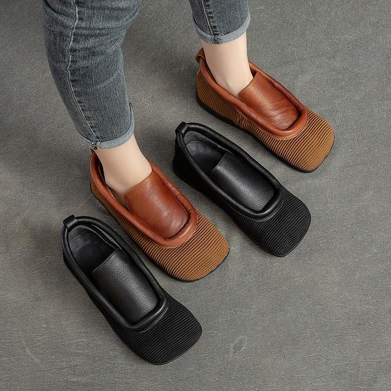 Johnature Retro Round Toe Flats Lightweight And Versatile Genuine Leather Splicing Women's Slip-on Shoes