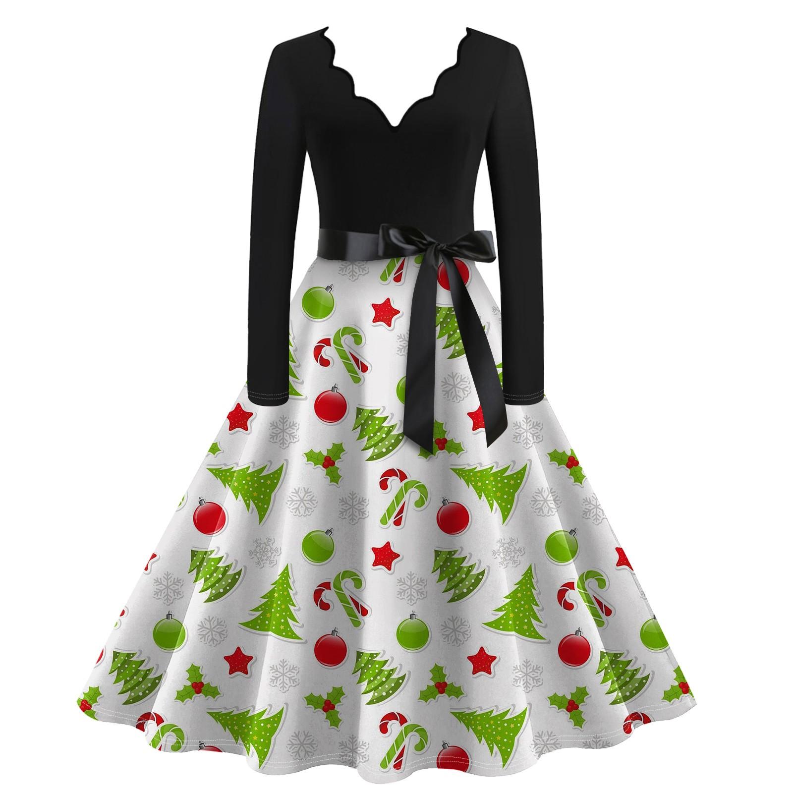 Женское повседневное модное винтажное платье с V-образным вырезом и длинным рукавом — фото 8