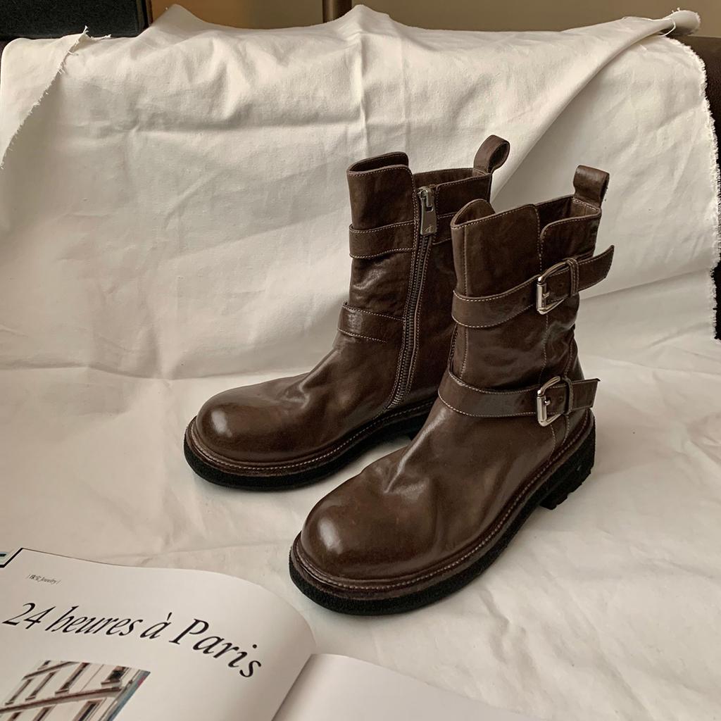 Seconds Hair~ Grape Mother Internet Celebrity Explosion One-word Buckle with Thick Bottom Washed Shrink Pattern Horse Skin Thin Short Boots Women