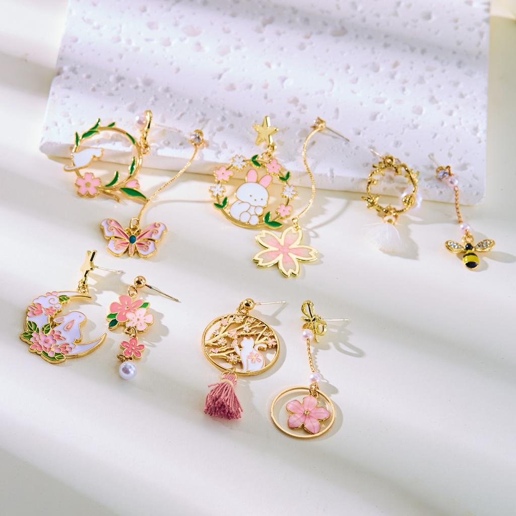 Korean Style Flower Cute Animal Asymmetric Dangle Earrings for Women Girls Sweet Temperament Tassel Earrings Party Jewelry Gift