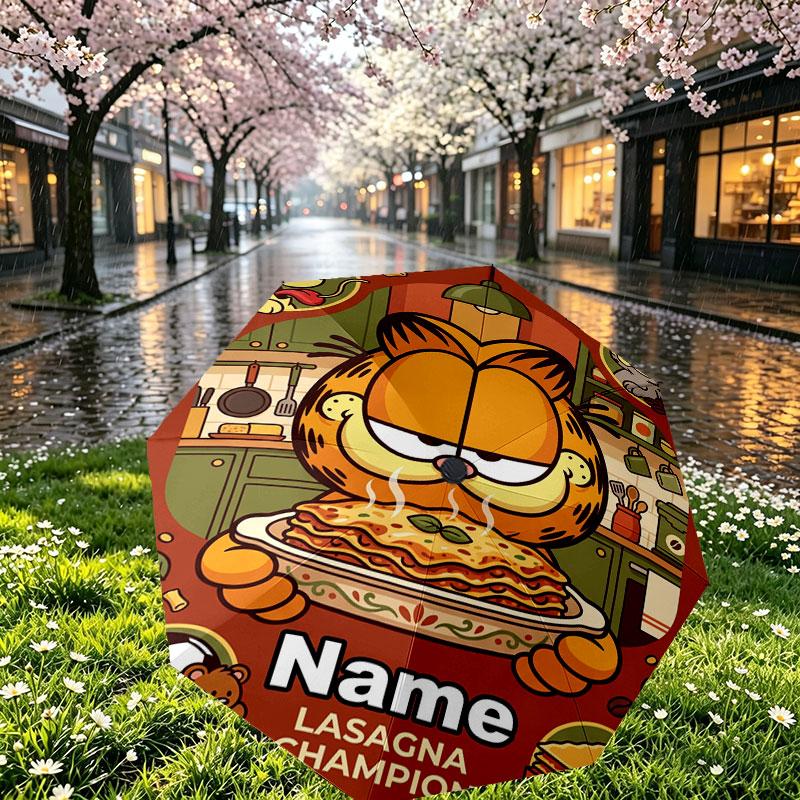 Personalisierter Garfield-Druckschirm mit individuellem Namen, Automatisches Öffnen und Schließen, Stabiler 8-Rippen-Rahmen, Für Pendeln, Camping, Wandern, Geburtstagsgeschenk