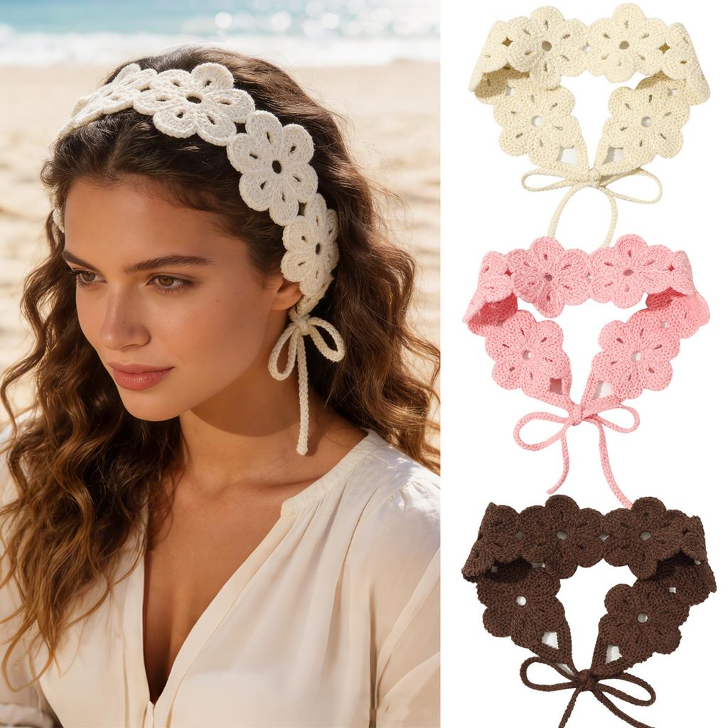 Fashion Solid Color Crochet Floral Headband, Women’s Bohemian Knitted Hair Accessory