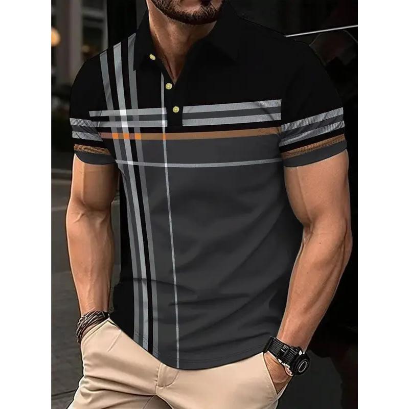 Men's Summer Polo Shirt with 3d Stripes, High-quality Printed Business Men's Clothing, Casual Short-sleeved Loose Shirt