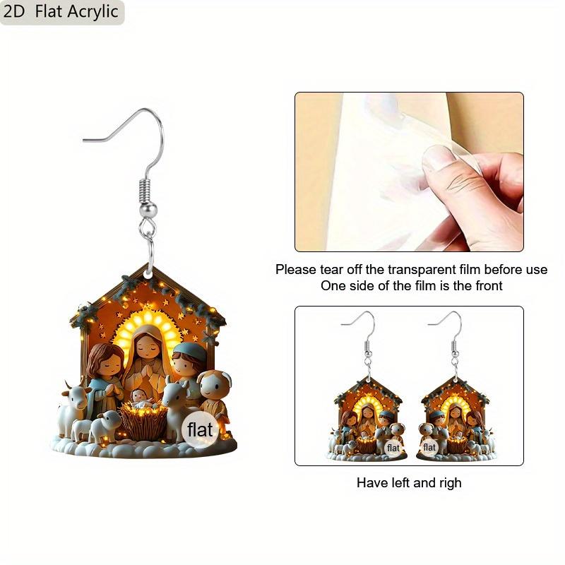 2D Flat Art Nativity Scene Epiphany Jesus Nativity Pattern Christian Spirit Religious Painting Acrylic Earring Jewelry for Women Female