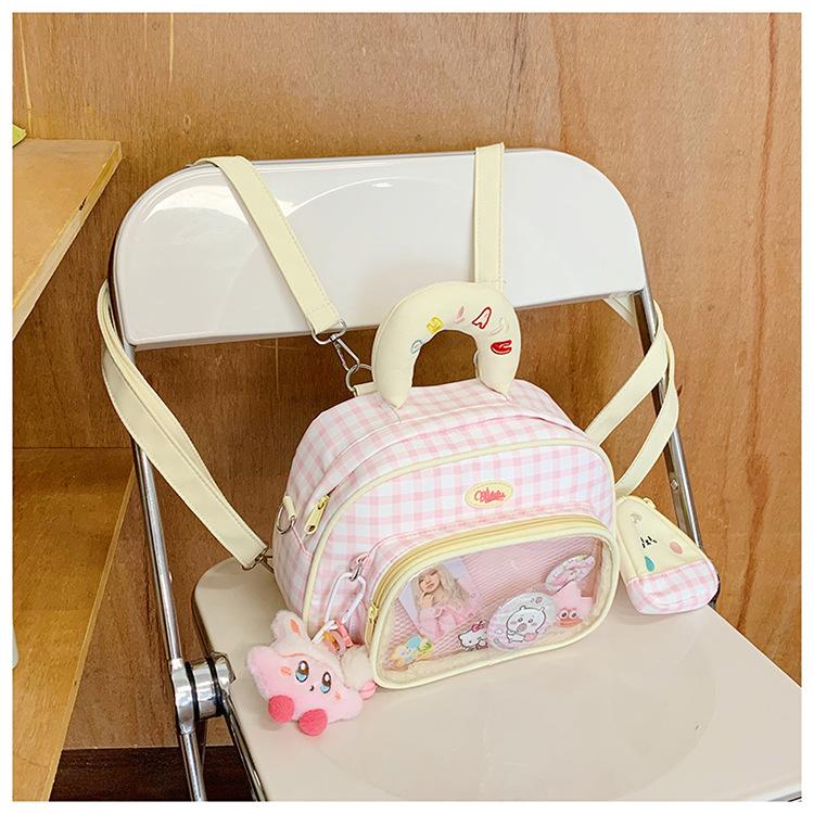 Schoolbag Korean ins wind transparent pain bag plaid oblique straddle bag going out commuting backpack girl shopping versatile shoulder bag
