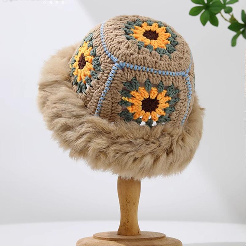 Big head circumference rabbit hair knitted hat women's autumn and winter rough edge bucket hat showing face small warm wool hat Rex rabbit hair hat