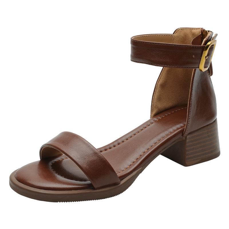 French Retro One-word with Sandals for Women's Summer Wear, Stepping On Shit, High Heels, Soft Soles, Thick Heels, Medium Heels, Soft Soles, Not T
