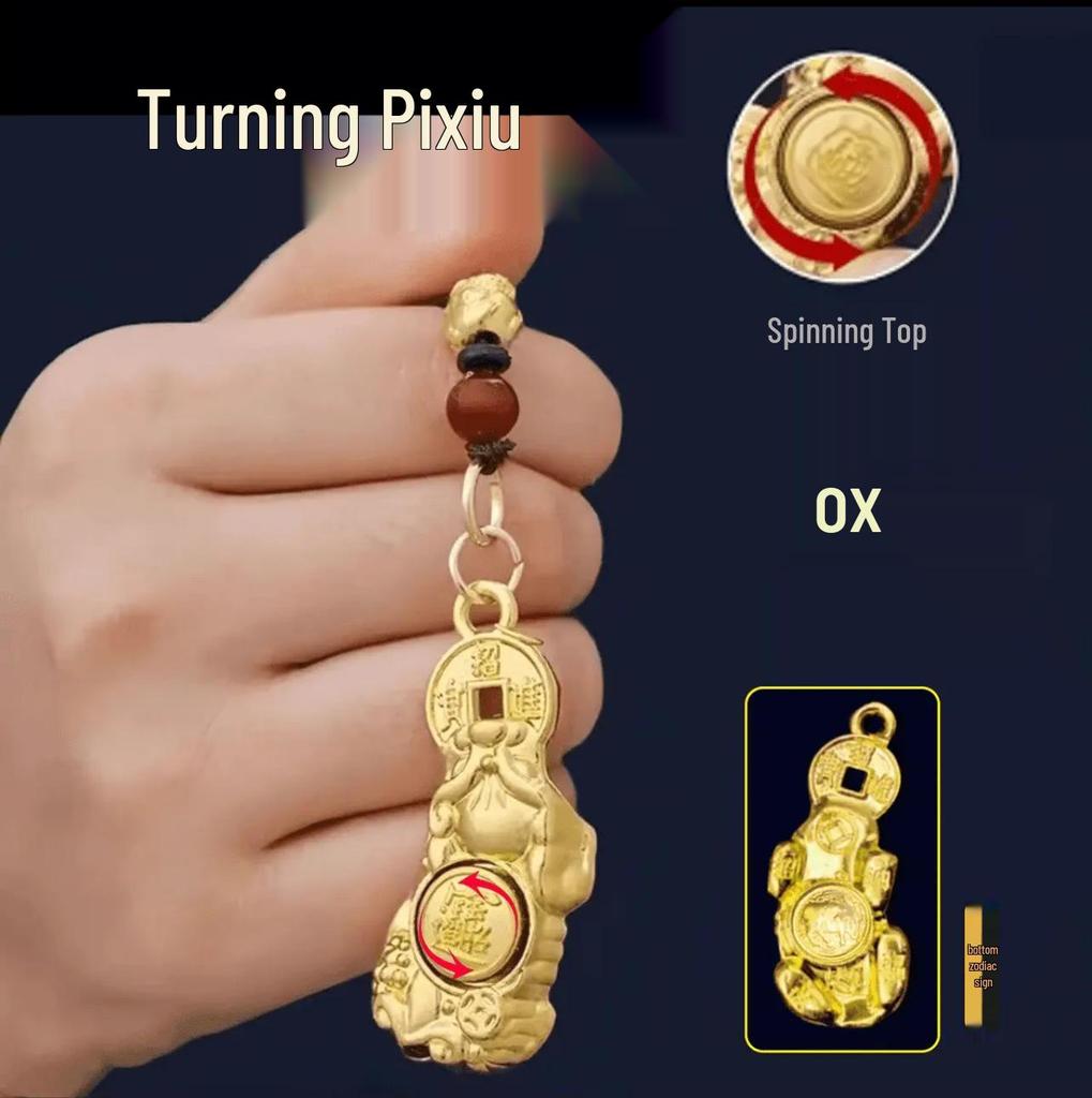 2025 Year of the Snake Pixiu Zodiac Keychains - Rotating God of Wealth Metal Pendants