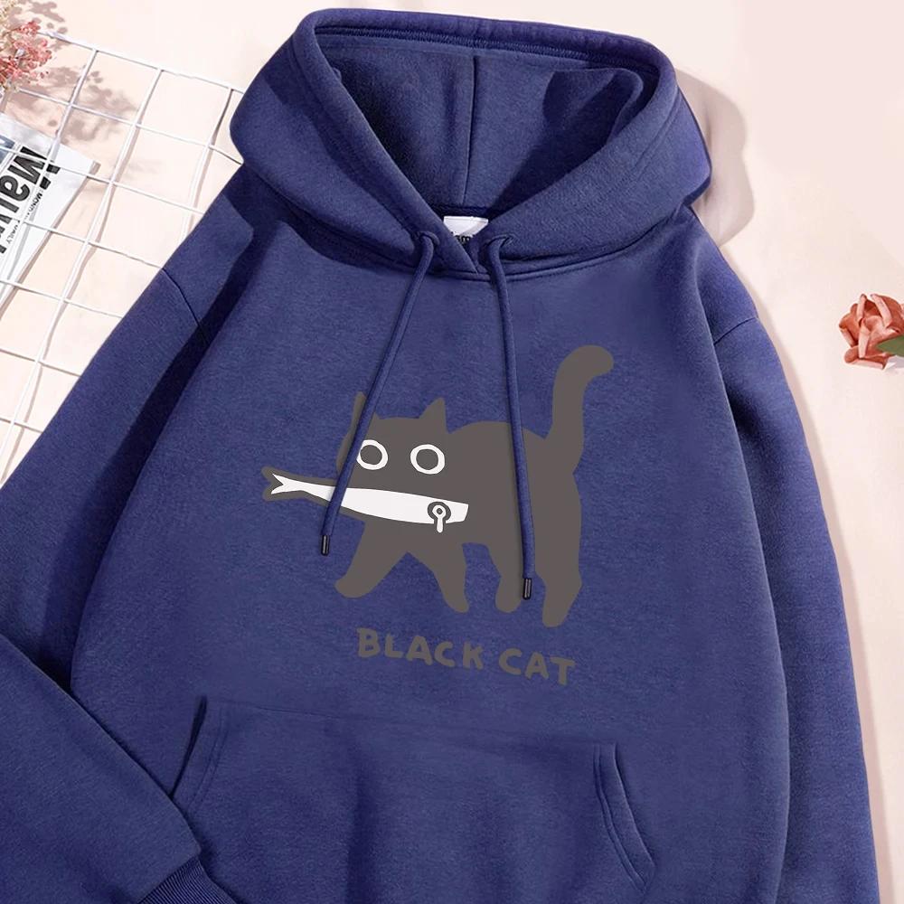 Women's Fun A Black Cat Eating Fish Hoody Women Harajuku Fashion Sweatshirt Loose Oversized Streetwear Hoodies