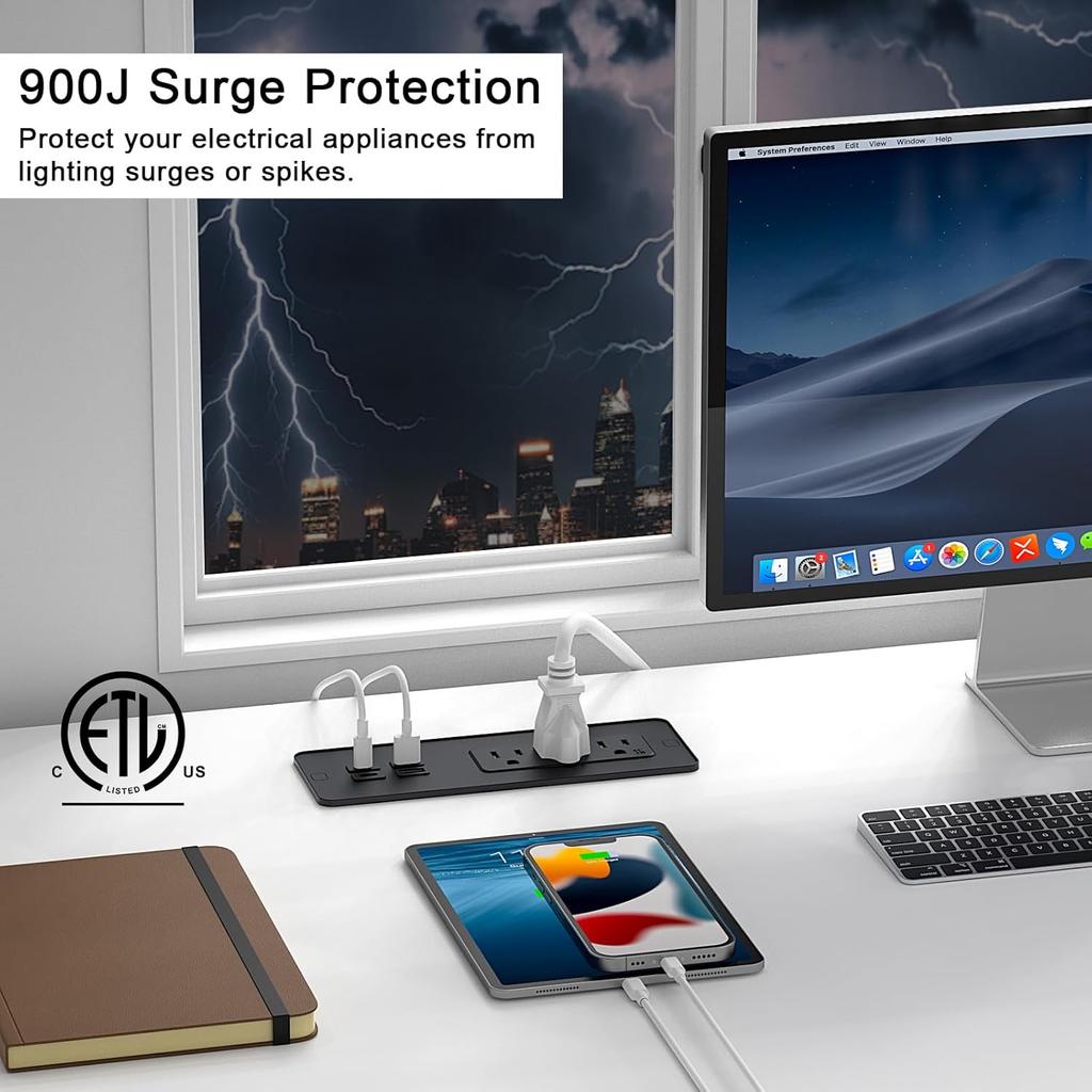 Recessed Power Strip with PD 65W USB C, Flush Mount Power Strip with 3 Outlets 4 USB Ports, Furniture Outlet with 2M Flat Plug Cable for Side Table