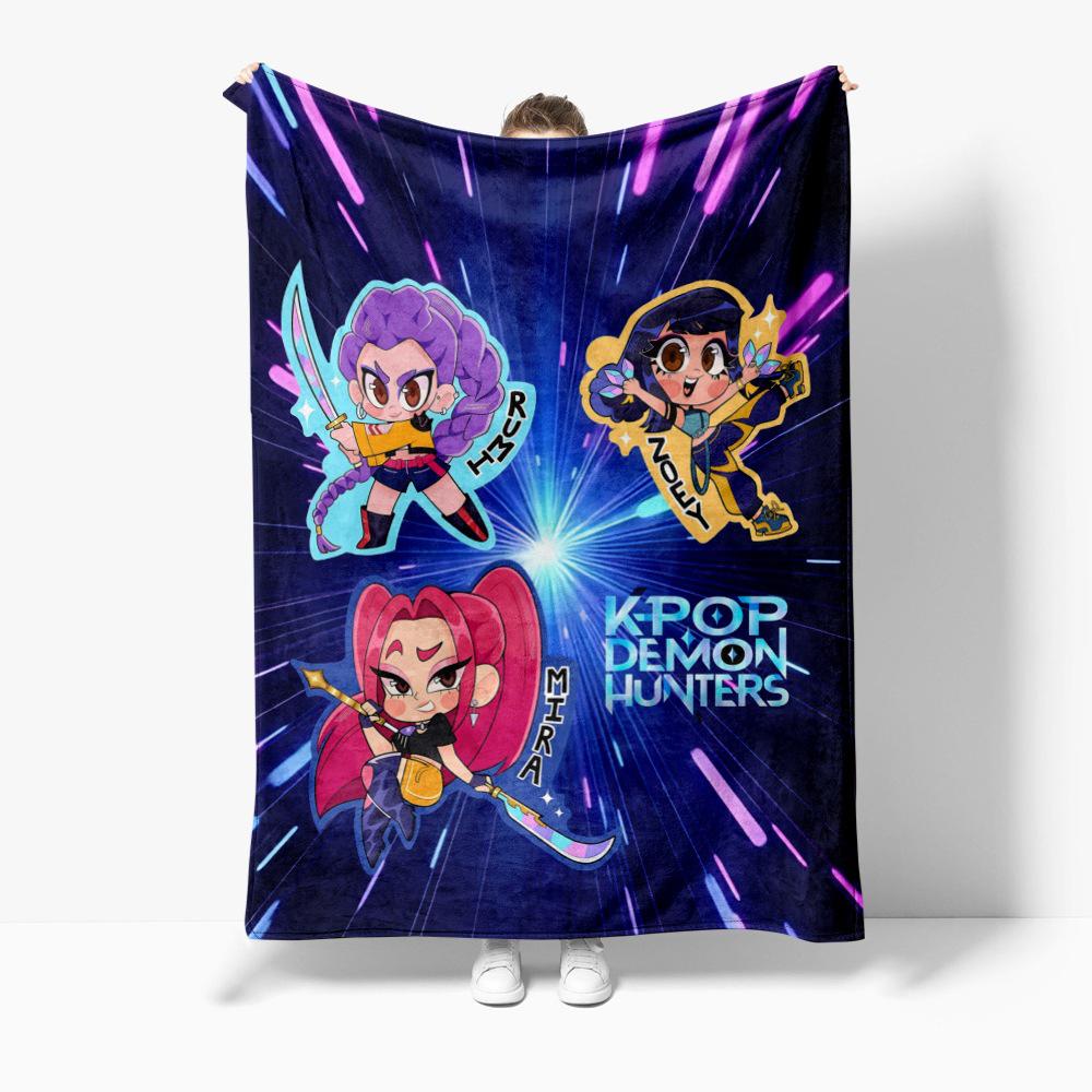 Cartoon K Pop Demon Hunters Flannel Blanket Cover Warmth Winter Blanket Multifunctional Decorative Universal Blankets