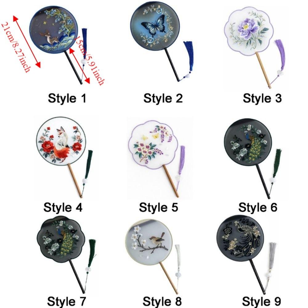 Chinese Style Double Sided Embroidery Fan Long Handle Vintage Hand Fan Dance Fan Party