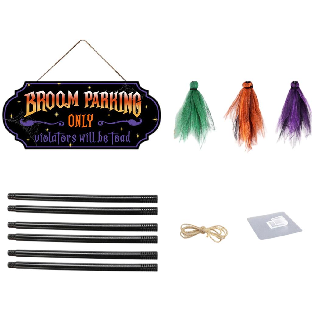 Enchanting Witches Broomsticks Parking Sign with 3 Wood Brooms Halloween Front Porch and Wall Decoration Party Supplies