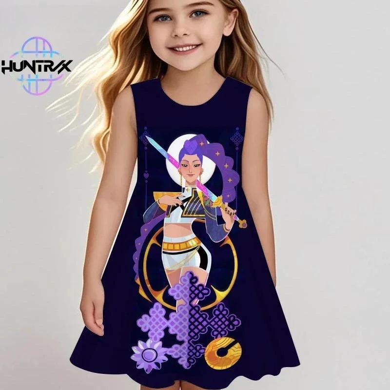 Kpop Demon Hunters Kids Dress Summer Girls Anime Cartoon Print Beach Dress Casual Sleepwear