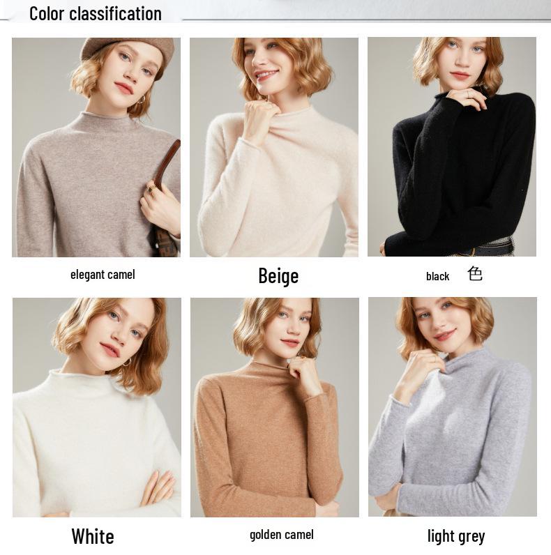 Women's Pure Wool Semi-High Neck Cashmere Sweater - Slim Fit, Versatile Knitted Design