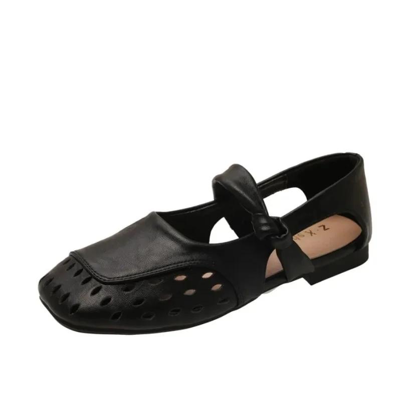Women's Soft Bottom Mary Jane Sandals Summer Hollow Out Flat Ballet Style Shoes Korean Style Solid Color Slip-On Single Shoes