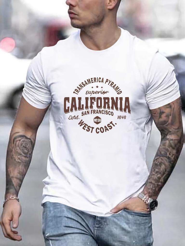 Herr California Grafisk T-shirt - San Francisco 1905 Västkustdesign, Ledig Kortärmad T-shirt, Maskintvättbar, Rund Halsringning