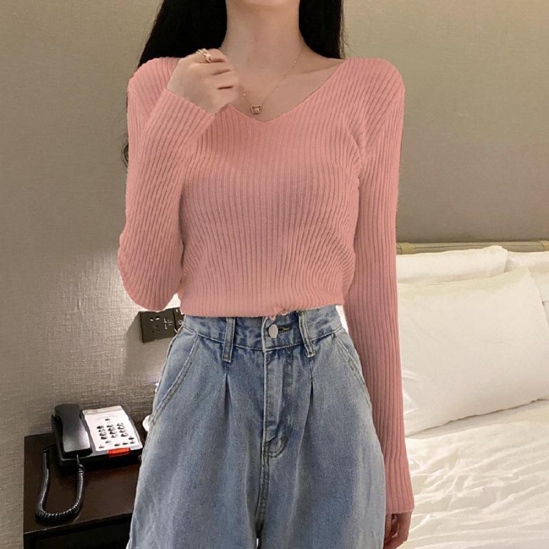 Sweater women's autumn and winter new versatile slim-fitting v-neck bottoming knitted sweater foreign style inner long-sleeved tight top