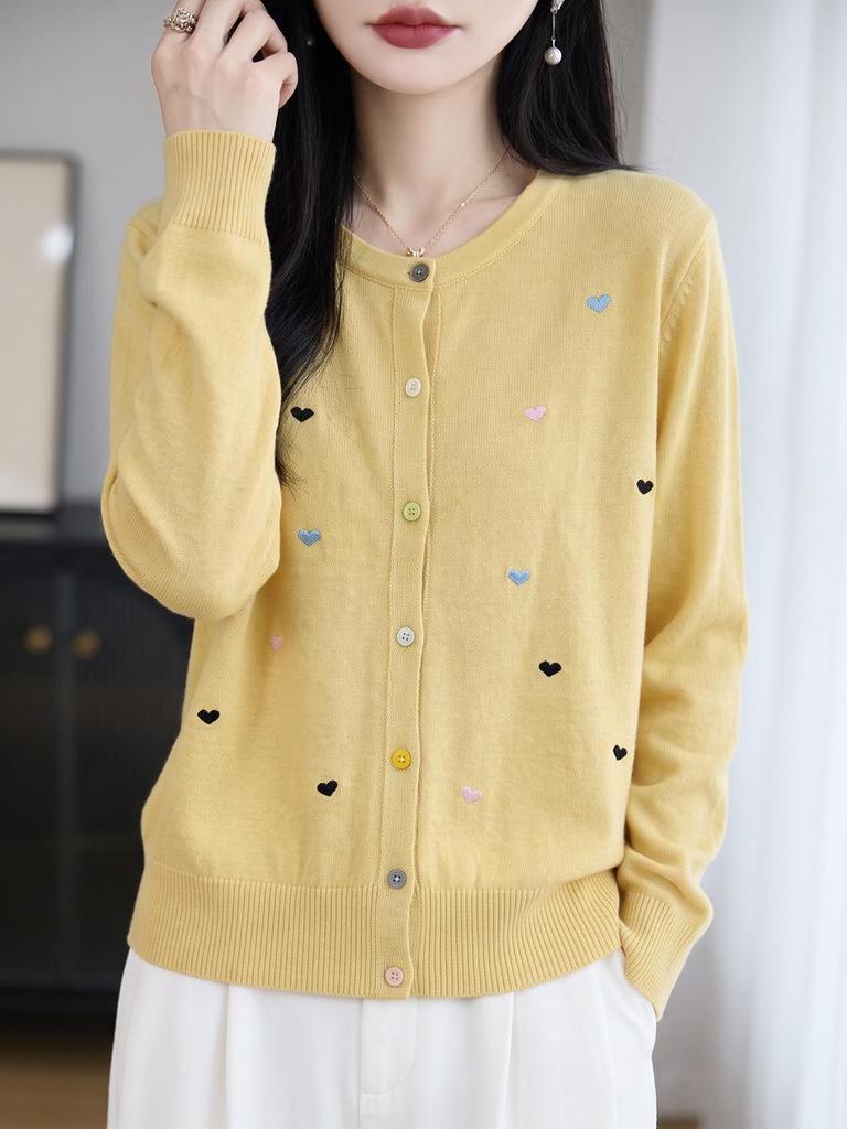 Women's Slimming Heart Embroidery Wool Cardigan - Lightweight, Versatile Round Neck Knit for Spring & Autumn