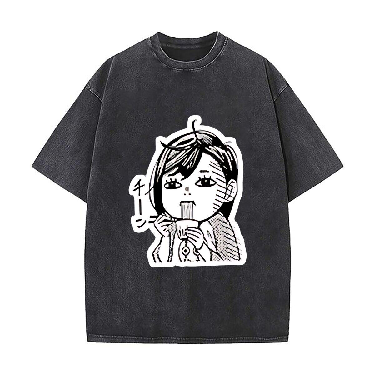 

Dandadan Manga Fashionable design Heavy Men Washed Casual Cotton Short Sleeve Acid Wash Top S