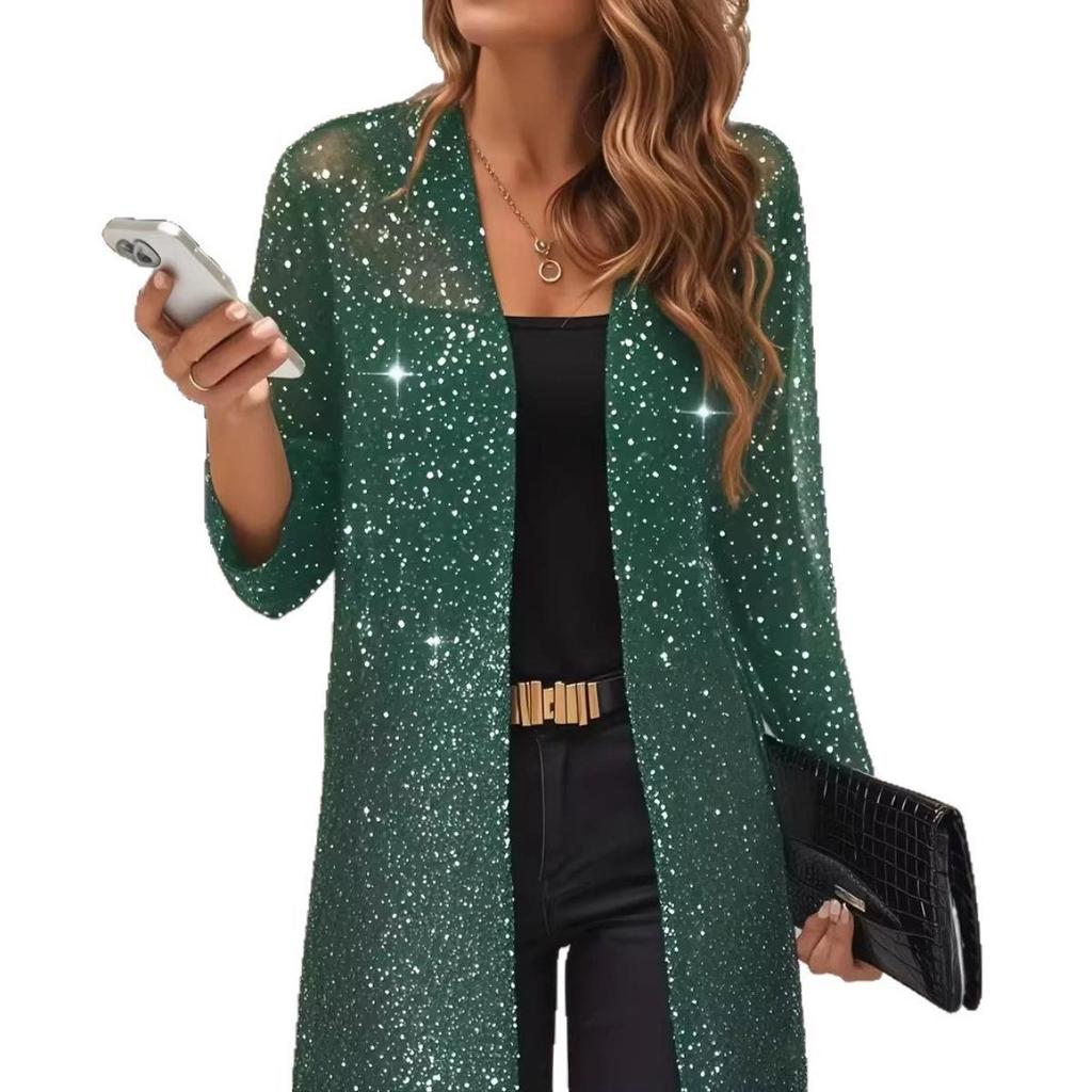 New Women's Elegant Shiny Mesh 3/4 Sleeve Open Cardigan, Fashion Casual Spring Summer Top for Women, European American Style