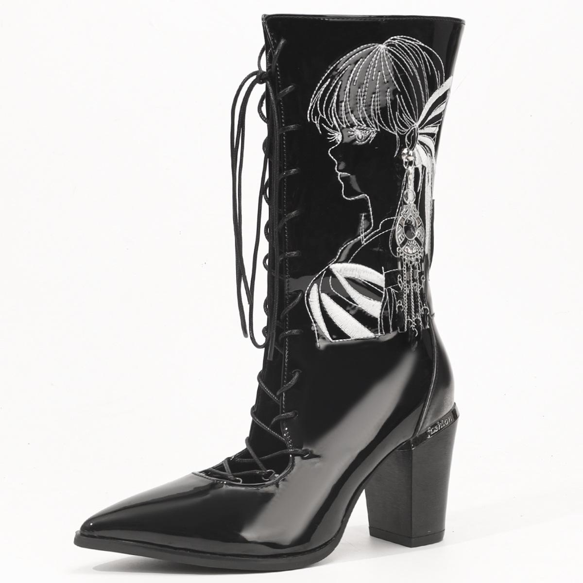

Women s Chunky Heel Mid-Calf Boots - Embroidered, Waterproof, Retro Slip-On for Summer & Autumn 36 чорний