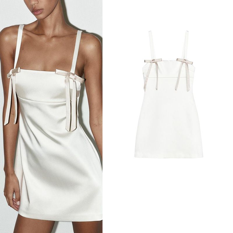 Summer New Product Women's Clothes Minimalist Straight Collar Contrast Color Bowknot Decoration Silk Satin Texture Short Dress 4772337