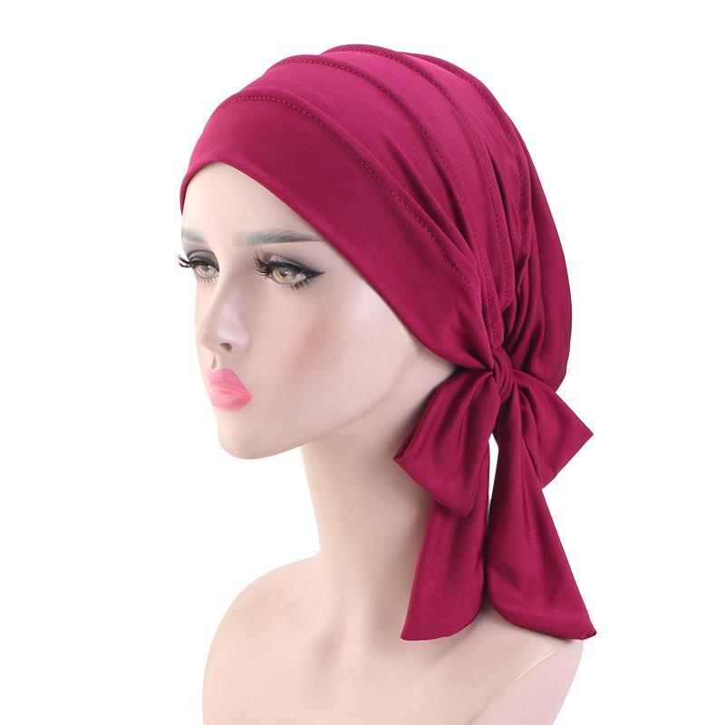 NEW Solid color long tail headscarf hat Women Chemo Hat breathable base cap Muslim Headscarf Hat