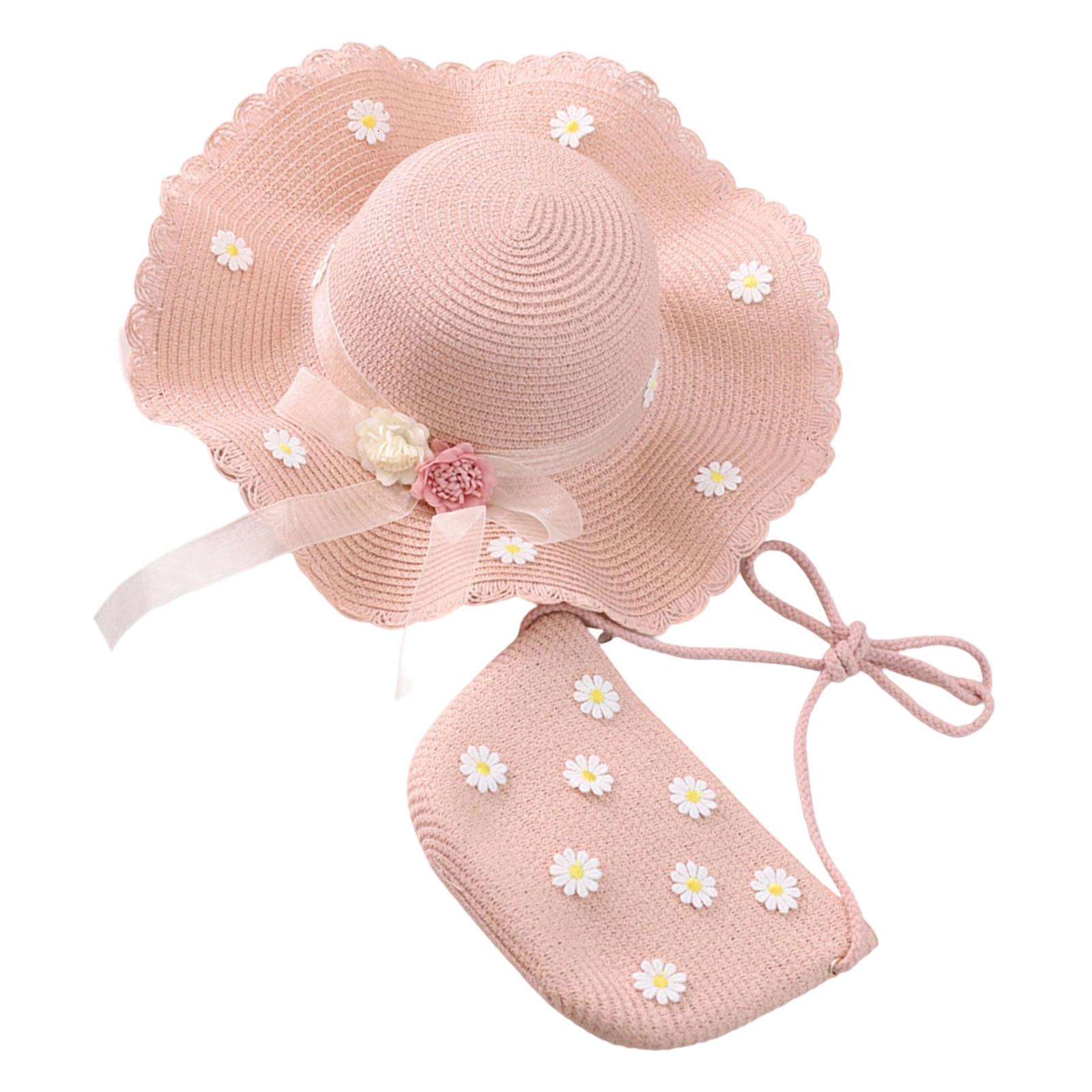 Stylish Toddler Girl Straw Hat and Bag Set with Flower Design Wide Brims Sunproof Hat for Outdoor Camping розовый