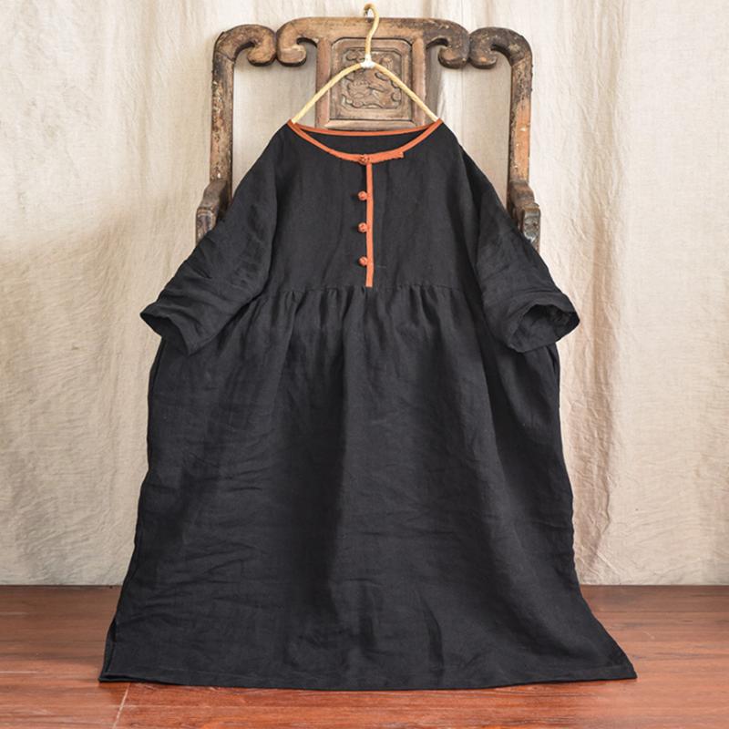 

Johnature Женское платье с круглым вырезом и рукавом три четверти, летняя однотонная одежда в винтажном китайском стиле One Size чёрный