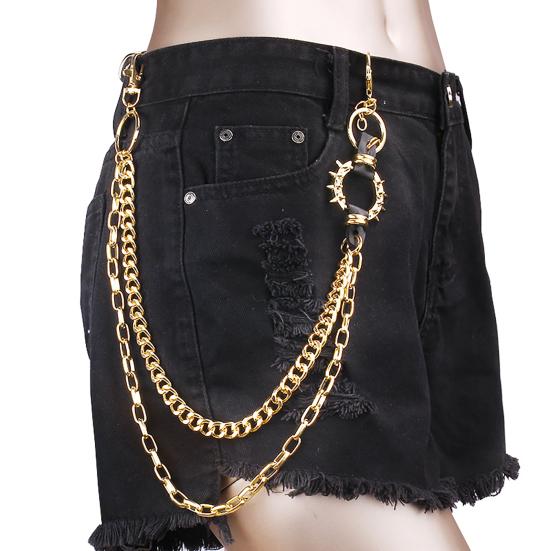 Trouser Chain Double Layer Metal Alloy Pants Chain with Spiked Ring Snap-On Lobster Clasp Punk Hip-Hop Style Pants Accessory