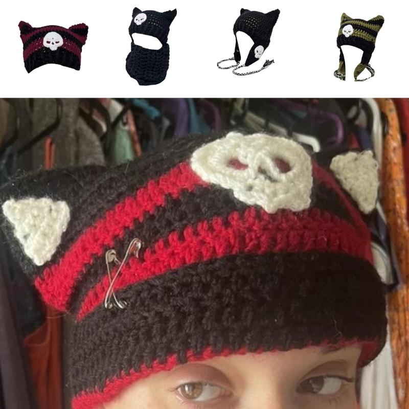 Y2K Anime Ear Cap Windproof Hat Female Beanie Headwear Handcrochet Pullover Hat