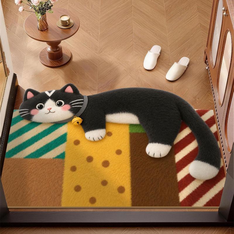 Cute Black Cat Shaped Decor Rug Soft Plush Non-Slip Backing Fuzzy Floor Mat for Kids Room Bedside Home Decoration
