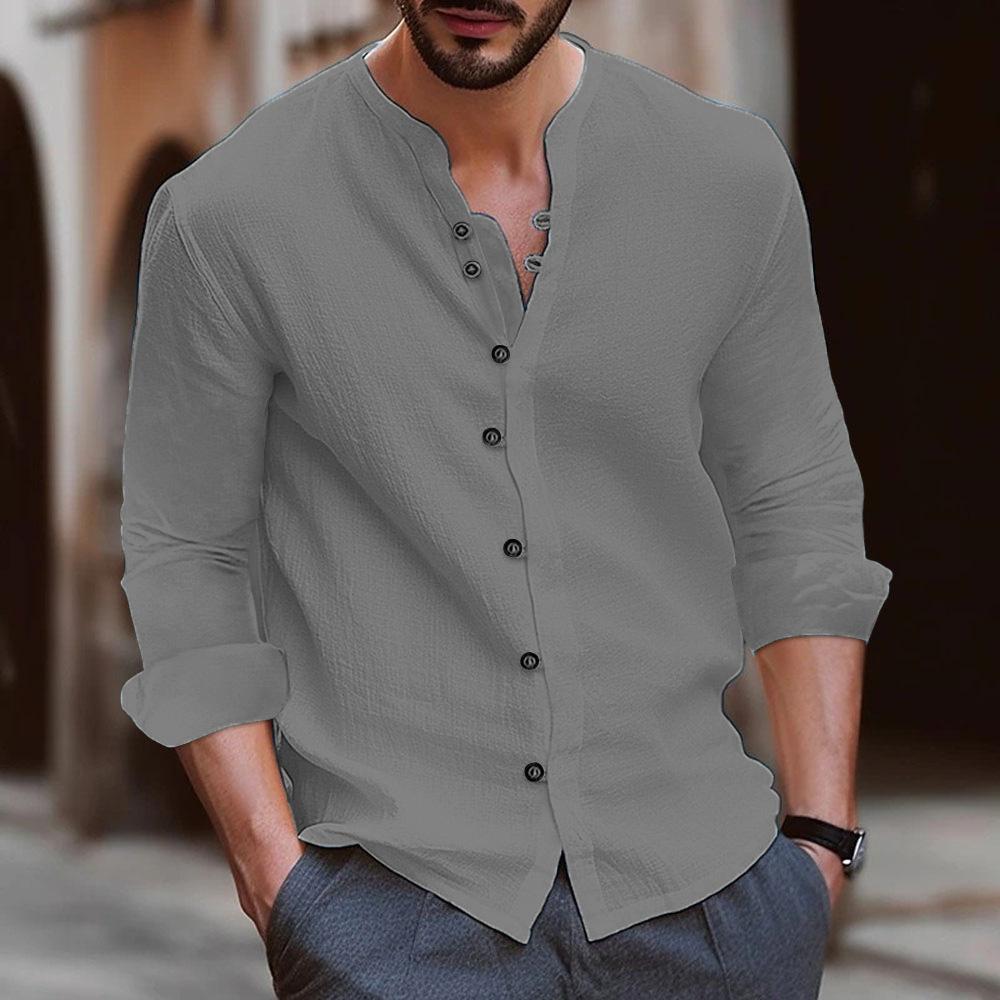 

Men s Casual Stand Up Collar Solid Color Long Sleeved Shirt S серый