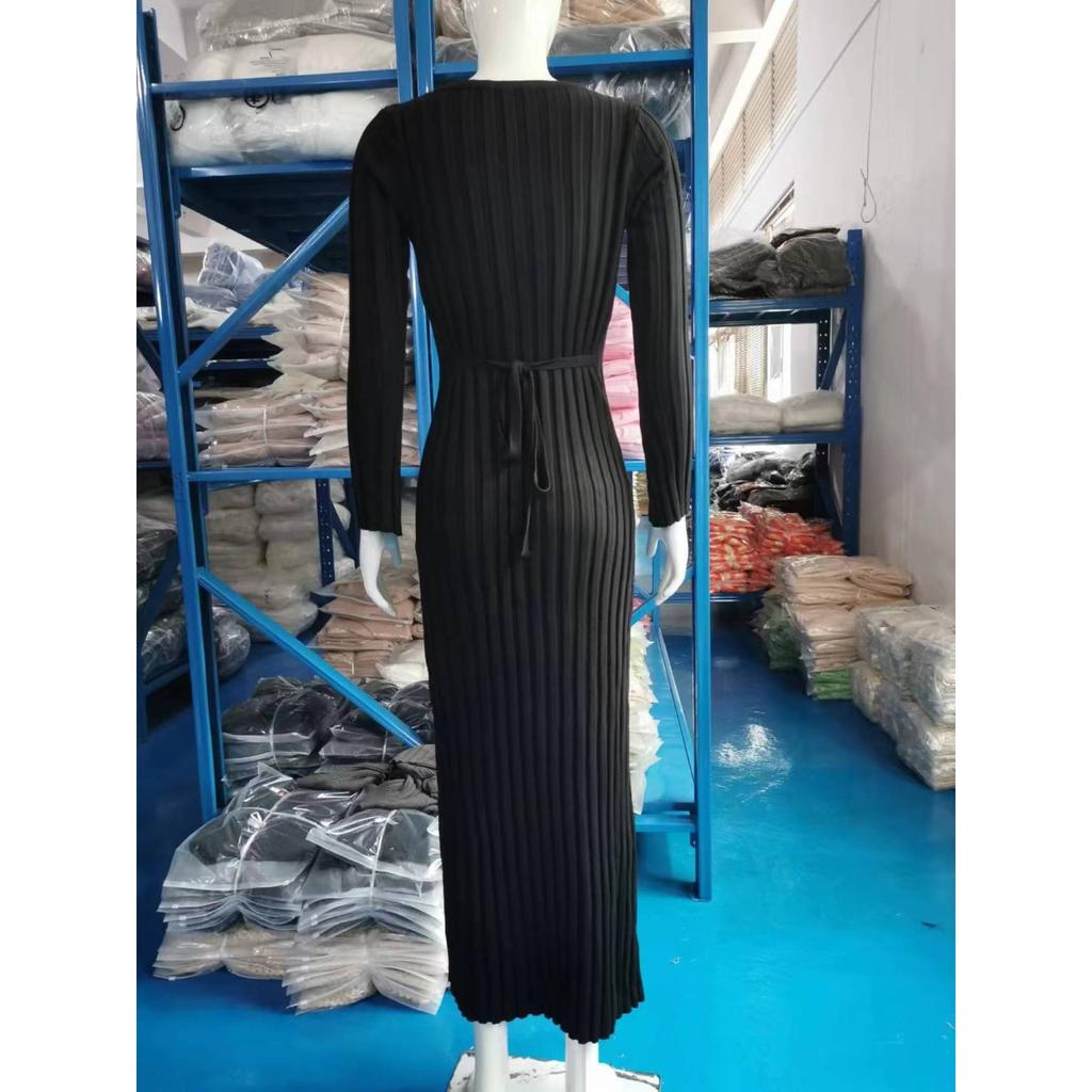 Knitted, Dress, Casual, Waist Cinching, V-neck, Striped, Knitted Long Skirt, Women's