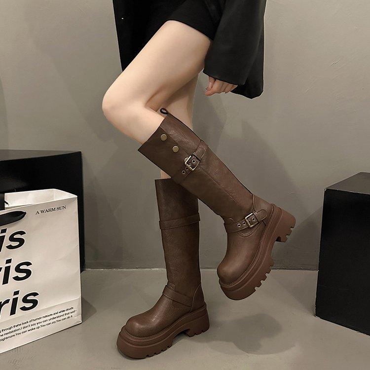 Brown retro British style platform boots women's 2025 autumn and winter new long boots high tube height increase and thin knight boots