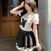 Japanese Kawaii 2 Piece Skirt Set Elegant Vintage College Style Striped Bow Top + Women Sweet Lace High Waisted Skirt Female