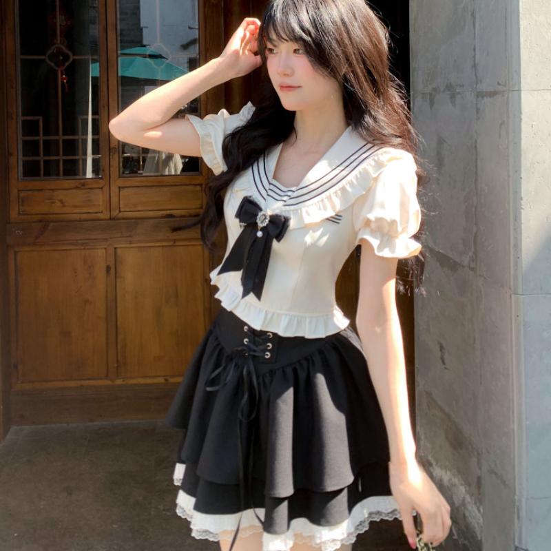 Japanese Kawaii 2 Piece Skirt Set Elegant Vintage College Style Striped Bow Top + Women Sweet Lace High Waisted Skirt Female