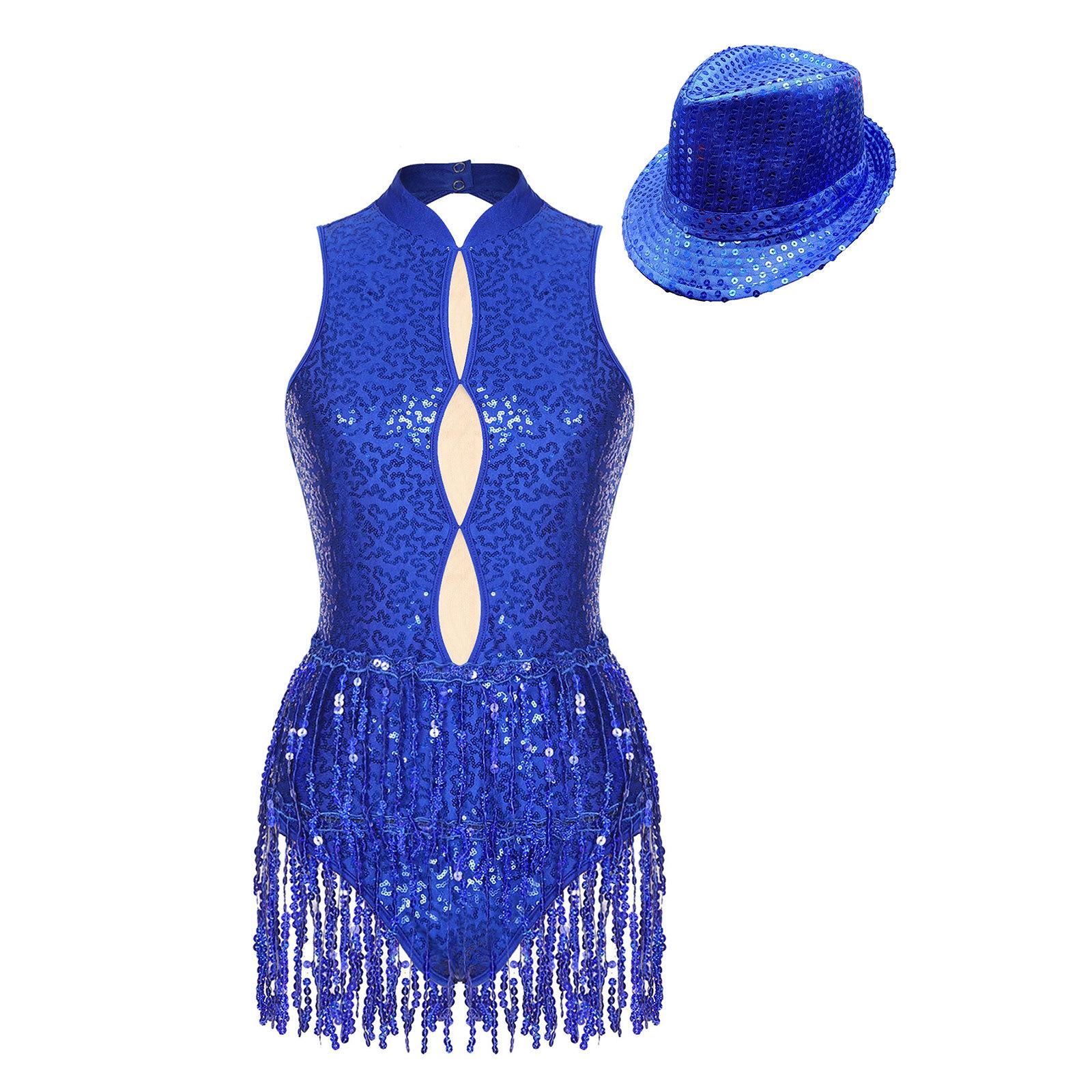 

Womens Sleeveless Backless Leotard Keyhole Glittery Sequins Tassel Fringe Bodysuit Latin Dance Hat S королівський синій колір