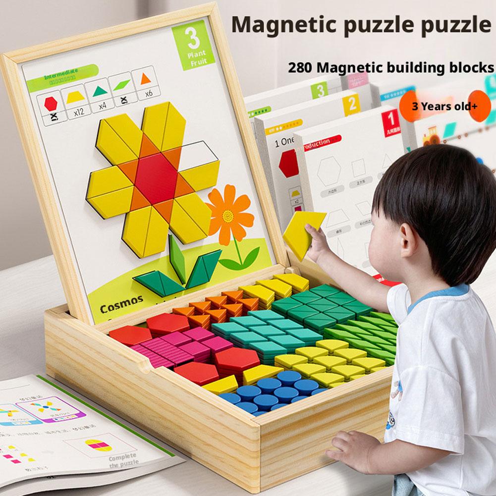 Magnetic Wooden Puzzle Blocks Geometric Shapes Tear Educational Box Safe Off Gift Storage Cards Toy Design Portable Learnin M0W0
