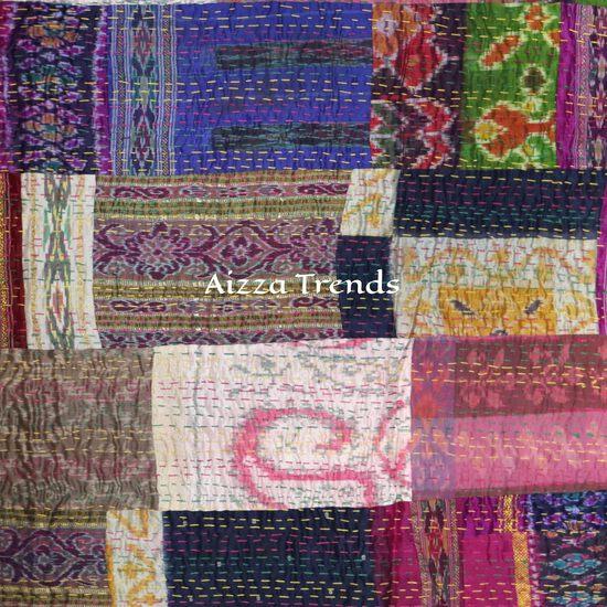 Aizza Trends Handmade Pure Cotton Patch and Patola Work Kantha Quilt - Traditional Indian Throw Blanket-Vintage Cotton Silk Saree Quilt