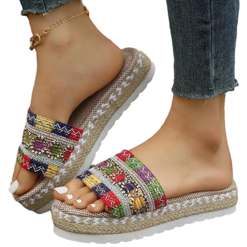 European & American Bohemian Thick-Sole Sandals: Colorful Ribbon, Women's Round-Head Slippers
