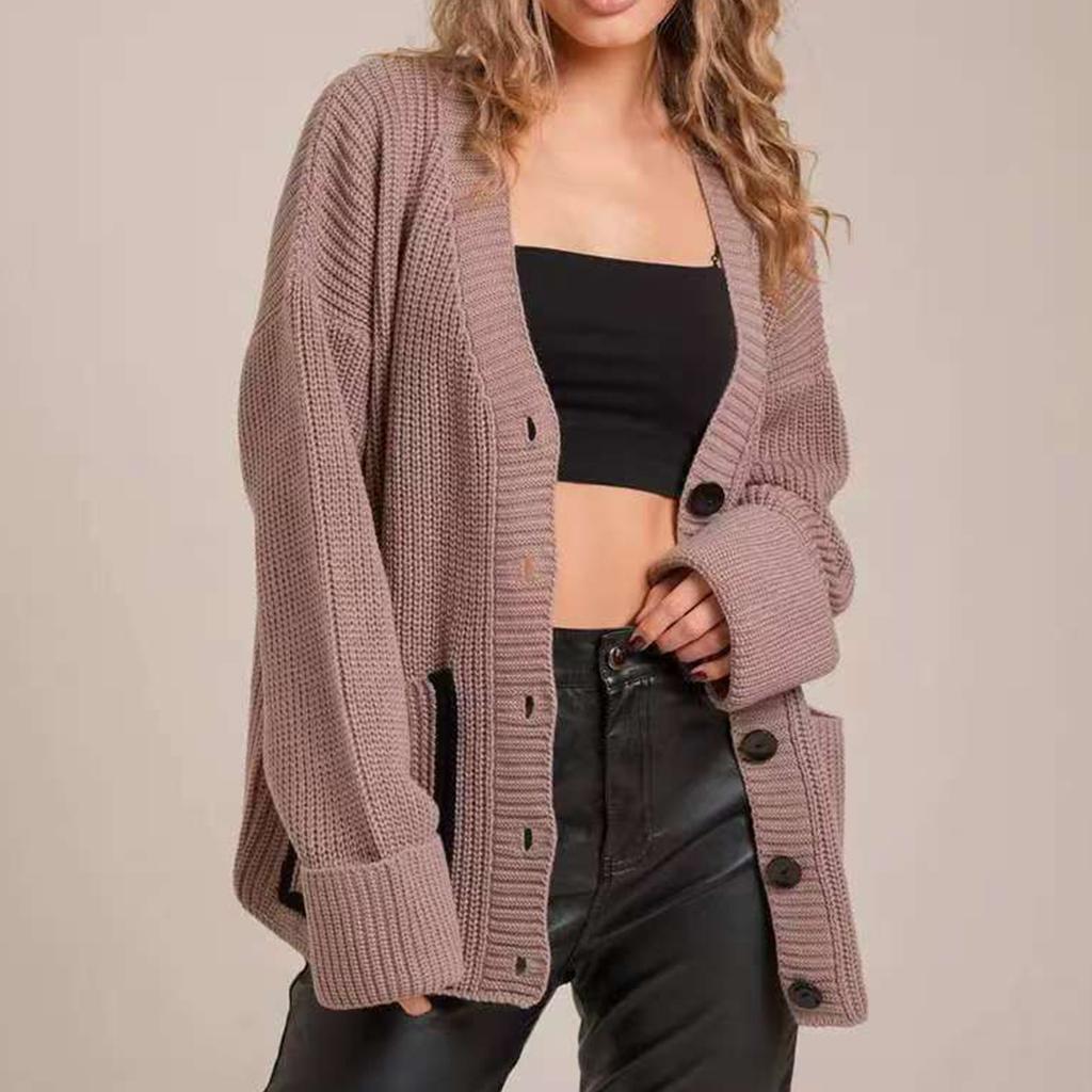 Women's Fashion Casual Fashion Contrasting Color Knitted Cardigan V-neck Long Sleeved Jacket