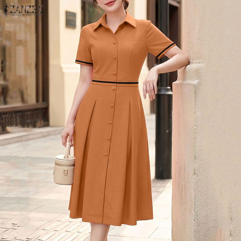 ZANZEA Women Casual Turn Down Collar Solid Color Short Sleeve Elegant Dress