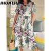 IHUASU Kvinnemote Sommer Våren Ensfarget Print Kortermet V-hals Høy midje Uformelle kjoler
